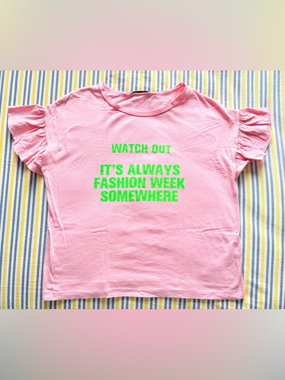 Zara Pink Ruffle Sleeve Graphic Tee - "Fashion Week", 100% cotton